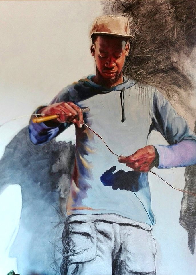 A painting of a man making wire art.
